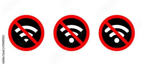 Set of no wifi zone sign icon vector. Wireless network with prohibition symbol