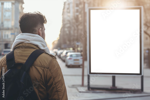 A man in winter clothes walks in the city looking at a billboard mockup photo