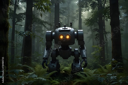 "Witness the evolution of AI technology as you guide a robot through a lush, overgrown forest, its advanced sensors detecting every detail of its surroundings." © Afamjay