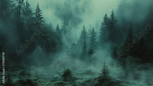 A dense forest shrouded in fog evokes an ethereal and mysterious atmosphere. Fantasy landscape. Generative AI © kovalovds