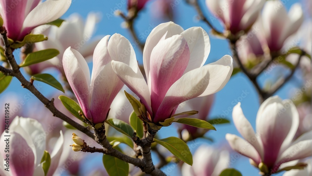 Blossoming magnolia trees against a clear sky