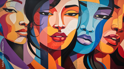 Vibrant mural depicting abstract, multicolored faces with bold features and striking expressions. 