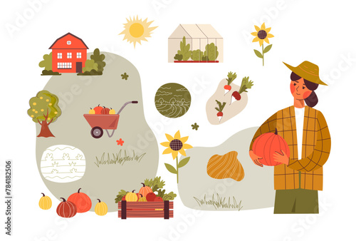 A female farmer harvests in her garden. The concept of the autumn harvest. Organic farm products. Eat local. Farmers market concept. Hand drawn vector  cartoon flat set.