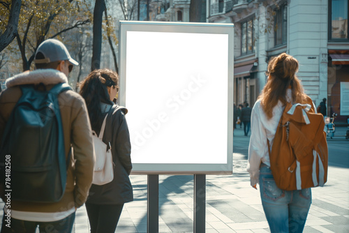 A group of young people walking in the city and looking at a blank billboard photo