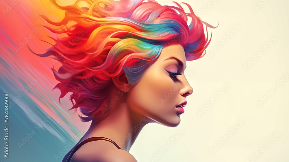 A beautiful digital art piece capturing a woman in profile with her hair flowing in a spectrum of rainbow colors.

