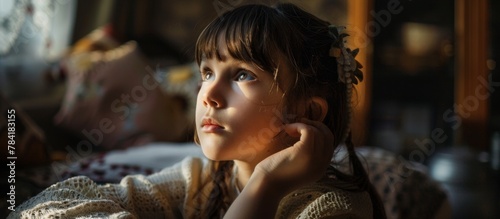 A young girl is seated on a sofa, watching outside through a window with a thoughtful expression photo