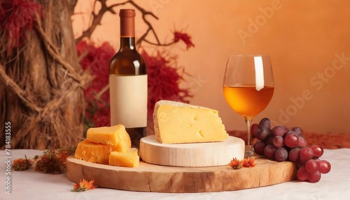 Podium, cheese and wine background, concept stand presentation mockup