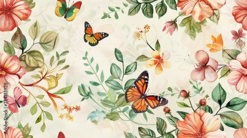 Background modern illustration of spring floral art. Watercolor hand-painted botanical flower, leaves, insects, butterflies. Suitable for wallpaper, posters, banners, cards, print, web tile photo
