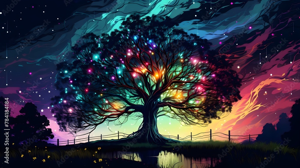 Enchanted Illuminated Tree Night Sky Colorful Artwork