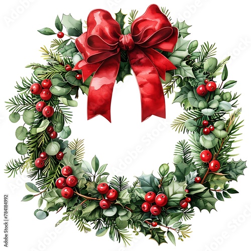 clipart of a traditional Christmas wreath featuring rich green foliage  glossy red berries  and a big velvet bow  arranged on a white background to create a classic and timeless holiday decoration.