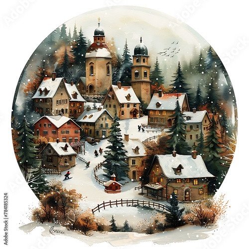 clipart showcasing a picturesque snow globe village, featuring charming houses, snow-covered trees, and villagers enjoying seasonal activities like ice skating and sledding