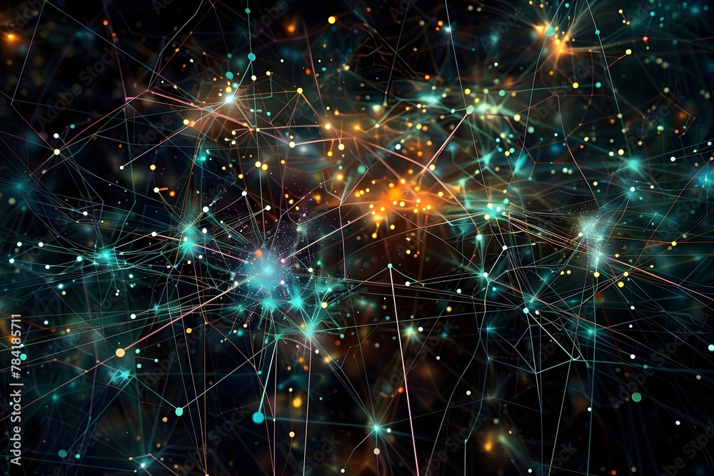 A computer generated image of a starry sky with many points of light. The image is a representation of a network of connections, with each point of light representing a connection between two entities - obrazy, fototapety, plakaty 