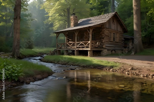 A rustic cabin in the woods, with a babbling brook nearby and a canopy of trees overhead. The air is crisp and the leaves are starting to change colors.