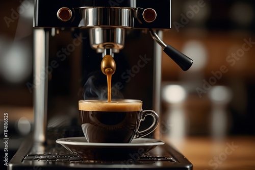 Close-up of a rich, dark espresso shot being extracted from a high-end, modern espresso machine in a cozy cafe setting. 