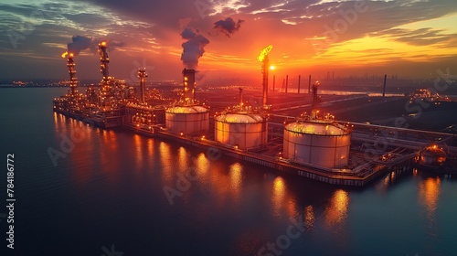 Landscape of the vast harbor area with Illuminated petrochemical production plant
