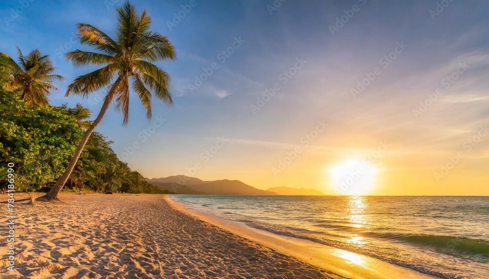 Best island beach. Silhouette palm trees panoramic destination landscape. Inspire sea sand popular vacation tropical beach seascape horizon. Orange gold sunset sky. Calm tranquil relax summer