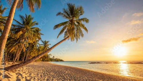 Best island beach. Silhouette palm trees panoramic destination landscape. Inspire sea sand popular vacation tropical beach seascape horizon. Orange gold sunset sky. Calm tranquil relax summer