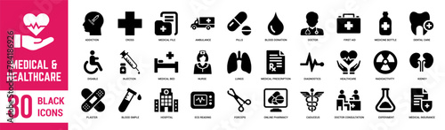 Medical and healthcare solid icons set. Medical, healthcare, hospital, medicine, family, ambulance, check-up and doctor. Vector illustration
