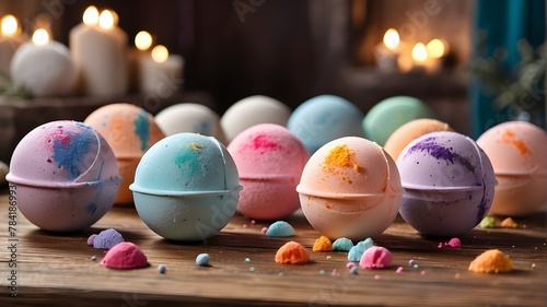 A photorealistic image depicting a group of colorful bath bombs placed neatly on a wooden table. The focus is on capturing the vibrant colors and textures of the bath bombs, highlighting their sparkli