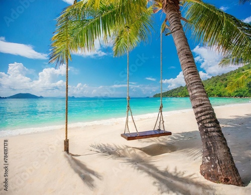 Tropical beach panorama as summer relax landscape with beach swing or hammock hang on palm tree over white sand sea beach banner. Amazing beach vacation summer holiday concept. Luxury romantic travel © Beste stock