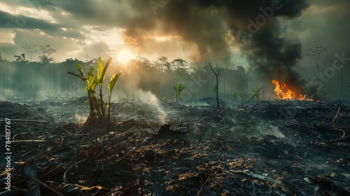 Deforestation of the Amazon rainforest by slash-and-burn. Amazon, Brazil. photo