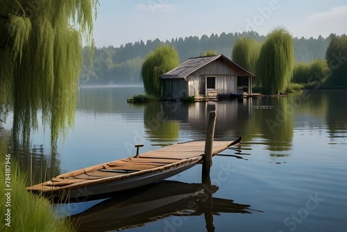 A picturesque cottage on the edge of a lake, with a rowboat tied up at the dock and a willow tree swaying in the breeze. The water is crystal clear and reflects the surrounding landscape.