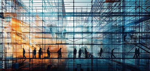 Witness the meticulous coordination and teamwork at a construction site, as skilled workers labor amidst a backdrop of scaffolding and machinery, each movement contributing to the realization of archi