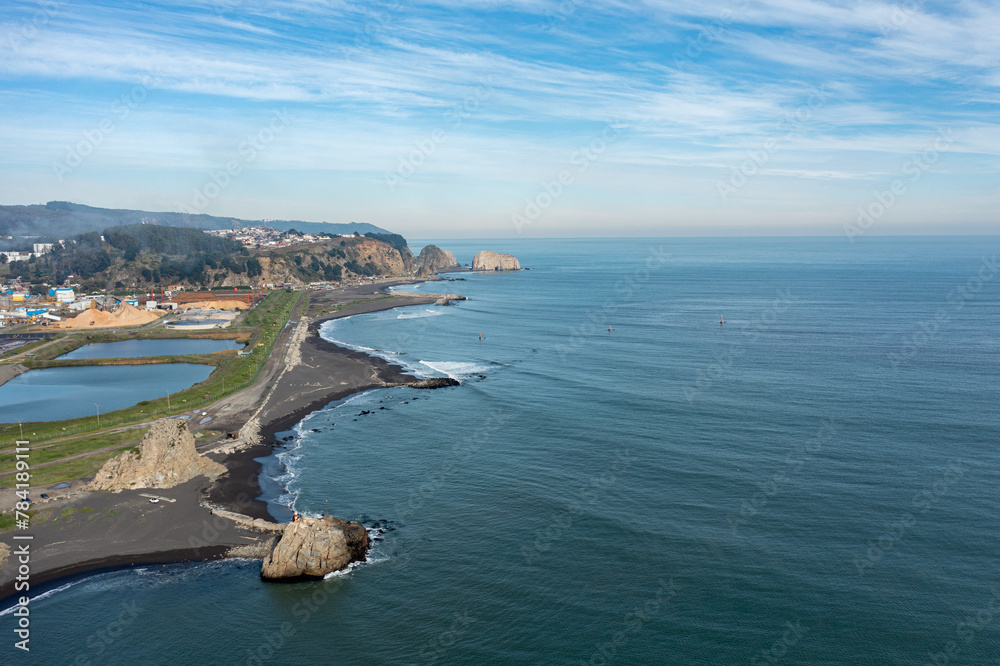Part of city Constitucion Chile and coastline Pacific Ocean, aerial view