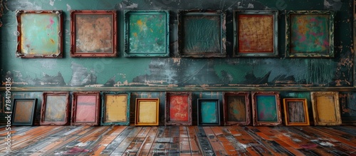 A detailed view of a room filled with an assortment of differently hued frames for photos or artwork