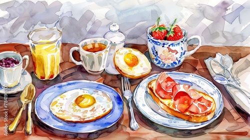 Artistic watercolor rendition of a full English breakfast spread, appealing for gourmet food blogs