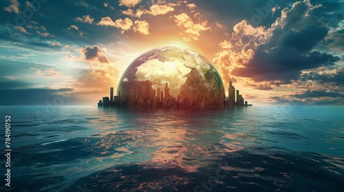 The image of the Earth is submerged, the sea, the concept of disaster, flood and water treatment. prevent global photo