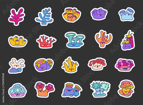 Cute kawaii coral reef with funny face. Sticker Bookmark. Happy underwater sea life cartoon character. Hand drawn style. Vector drawing. Collection of design elements.