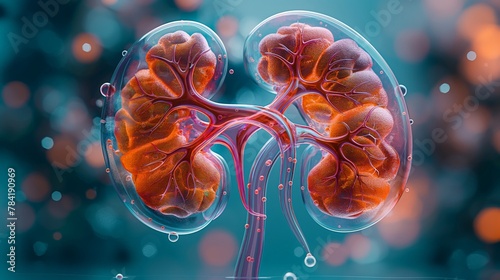 Human kidney cross section on scientific background. 3d illustration photo