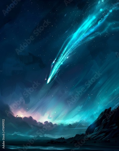 Stunning Night Sky With Comet and Starry Backdrop Illustration. Astronomy Comet Themed Image. Generative AI
