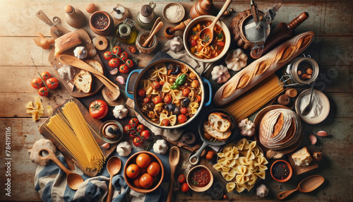 Top-down view of a farmhouse kitchen scene, featuring homemade pasta, stew, grilled vegetables, and artisan bread, with a rustic charm