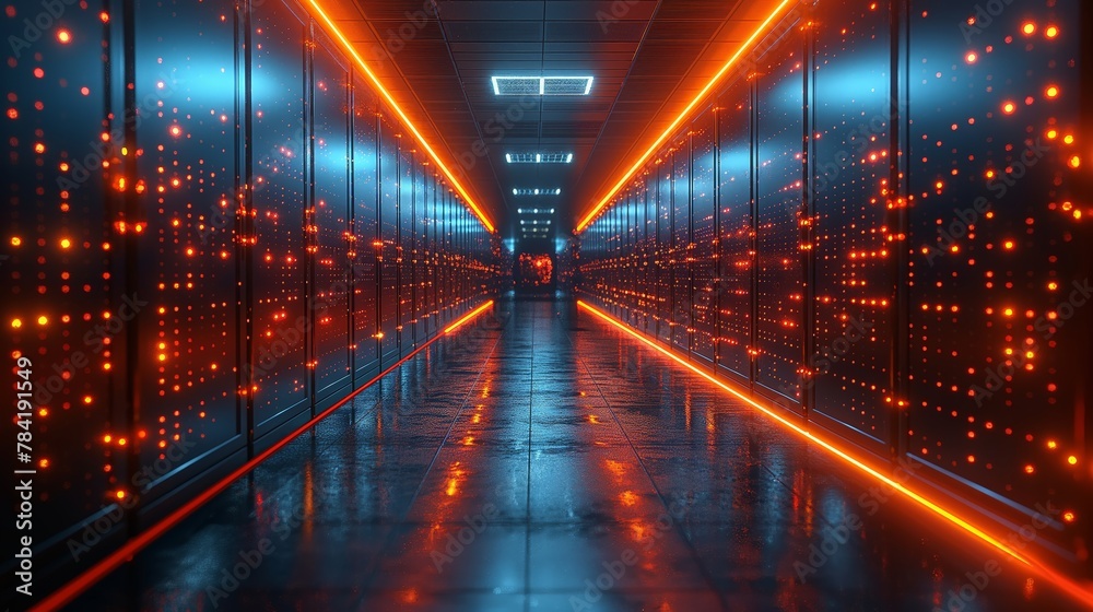 Server room center exchanging cyber datas and connections 3D rendering