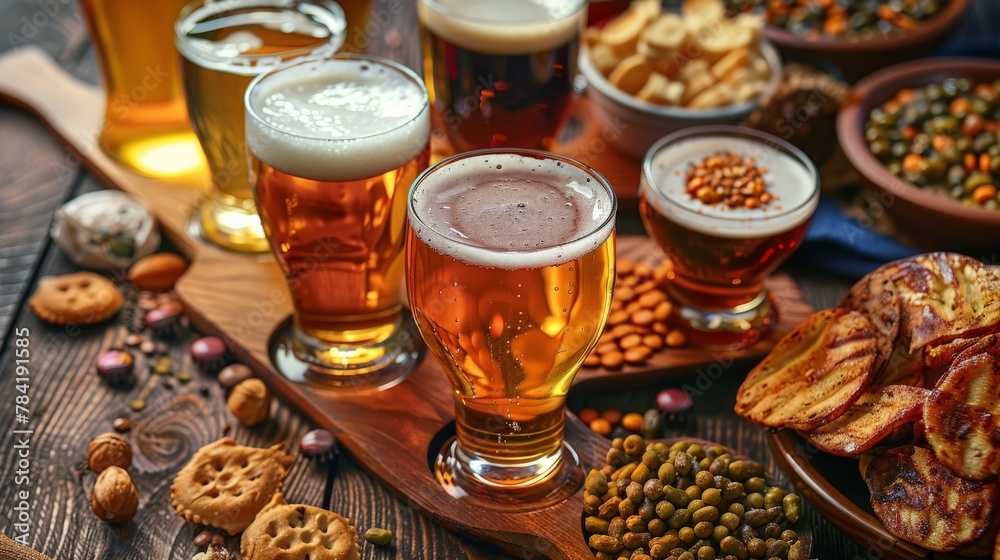 Detailed depiction of a craft beer tasting with a variety of brews and snacks