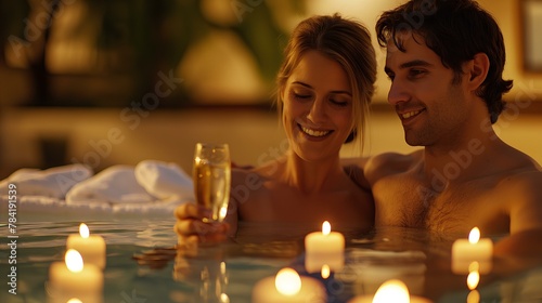 young couple enjoying a romantic spa experience. candle lighting. With glasses of champagne in hand, they toast to their happiness, enveloped in the soothing ambiance. generative AI
