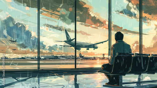 In the hum of the airport a doctor crafts pensions online watching planes flyvisions of work and rest intertwined