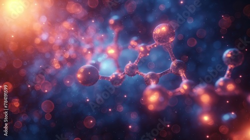 3D illustration of a molecular model illuminated by a close-up neon light.