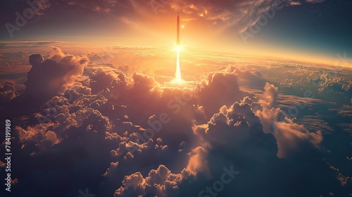 Space Shuttle Flying Over The Clouds #784191989