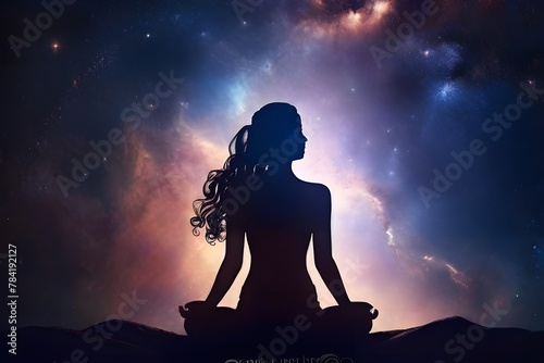 Meditation woman silhouette with galaxy universe. Spirit life zen concept. Dreamer beauty, science and people concept - woman profile with space Generative AI photo