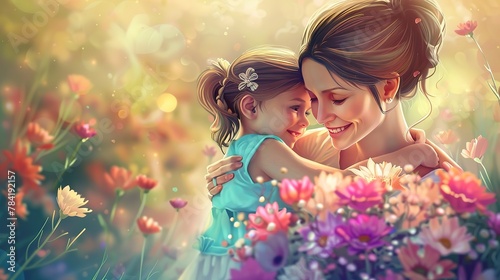 Attractive portrait of smiling mother hugging little daughter with bouquet of flowers