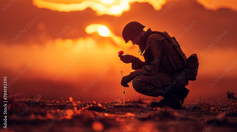Obraz premium ANZAC, Remembrance Day Celebration.A lone soldier kneeling with their head bowed, holding a single red poppy against a backdrop of dawn light