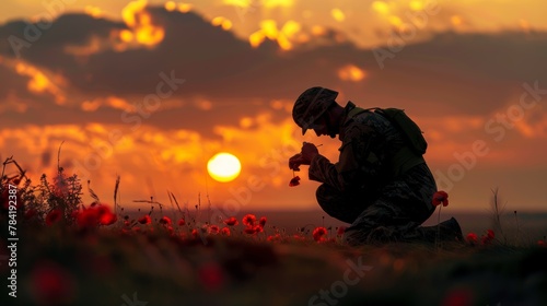 ANZAC, Remembrance Day Celebration.A lone soldier kneeling with their head bowed, holding a single red poppy against a backdrop of dawn light photo
