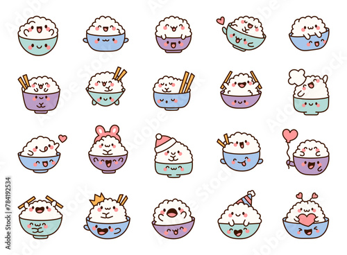 Cute kawaii rice and funny bowl. Adorable food friends. Cartoon character. Hand drawn style. Vector drawing. Collection of design elements.