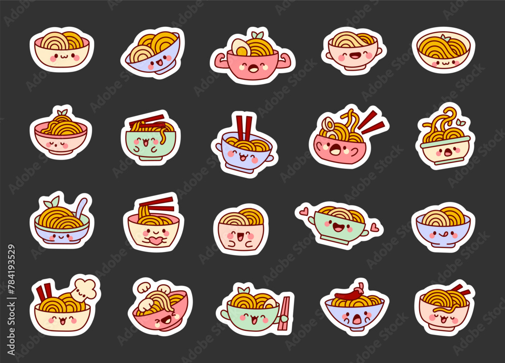 Cute kawaii bowl of noodles. Sticker Bookmark. Ramen food cartoon character. Hand drawn style. Vector drawing. Collection of design elements. - obrazy, fototapety, plakaty 