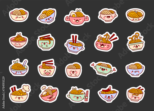 Cute kawaii bowl of noodles. Sticker Bookmark. Ramen food cartoon character. Hand drawn style. Vector drawing. Collection of design elements. © palau83
