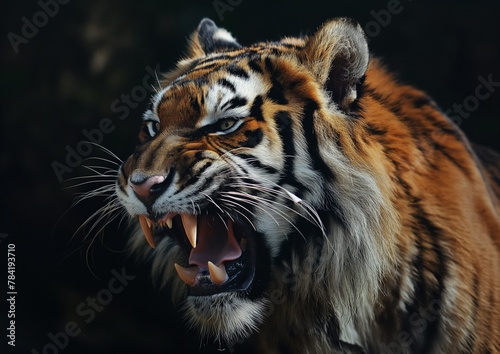 A tiger sumatran with showcasing sharp teeth powerful stance, closeup face.