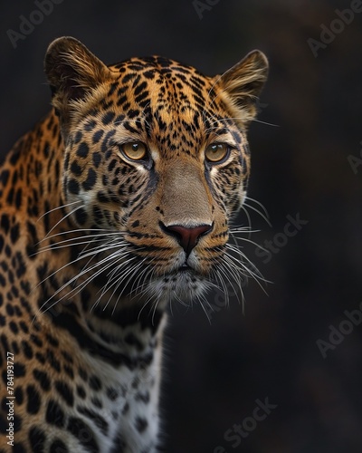 Close up view of a leopard hiding behind a tree.